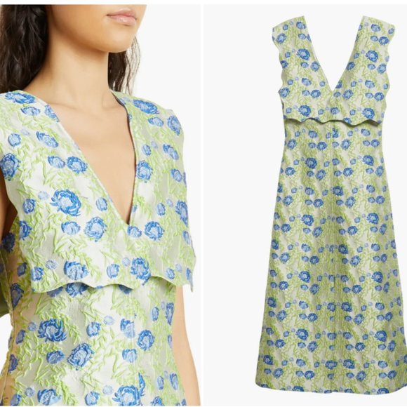 GANNI FLORAL JACQUARD RECYCLED FIBER BLEND A-LINE MIDI GREEN DRESS sz 38 - Picture 3 of 8